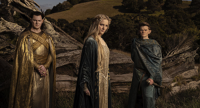 Benjamin Walker, Morfydd Clark, and Robert Aramayo in a portrait for The Lord of the Rings: The Rings of Power