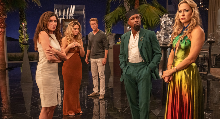 Kathryn Hahn as Claire, Madelyn Cline as Whiskey, Edward Norton as Myles, Leslie Odom Jr. as Lionel, and Kate Hudson as Birdie in Glass Onion: A Knives Out Mystery (2022)