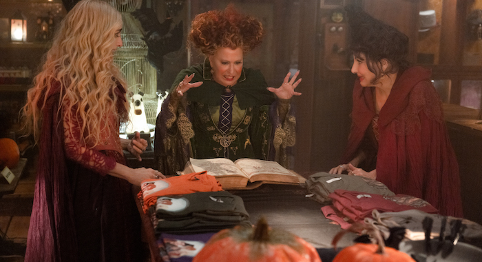 (L-R): Sarah Jessica Parker as Sarah Sanderson, Bette Midler as Winifred Sanderson, Kathy Najimy as Mary Sanderson in HOCUS POCUS 2, exclusively on Disney+. Photo by Matt Kennedy. © 2022 Disney Enterprises, Inc. All Rights Reserved.