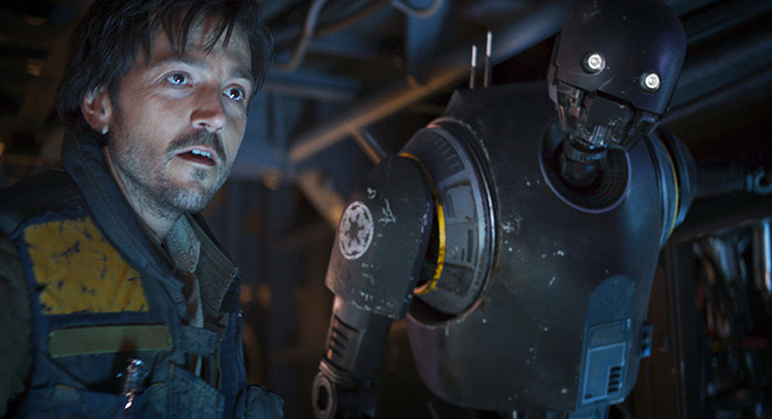 ROGUE ONE: A STAR WARS STORY, l-r: Diego Luna, Alan Tudyk (as K-2SO)