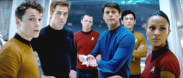 Anton Yelchin, Chris Pine, Simon Pegg, Karl Urban, John Cho, and Zoe Saldana in Star Trek (2009)