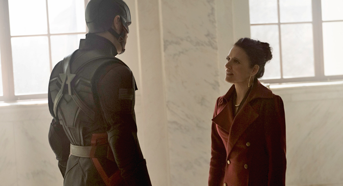 Wyatt Russell as John Walker/US Agent and Julia Louis-Dreyfus as Valentina Allegra de Fontaine in The Falcon and the Winter Soldier (2021)