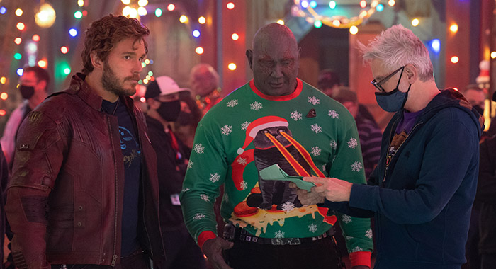 Chris Pratt, Dave Bautista, and James Gunn behind the scenes of The Guardians of the Galaxy: Holiday Special