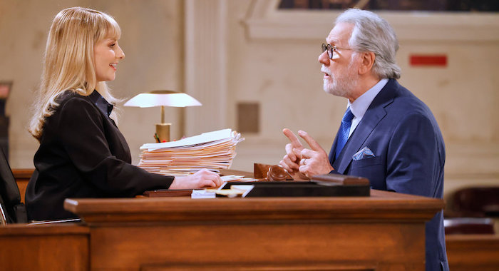 NIGHT COURT -- "Pilot" Episode 101 -- Pictured: (l-r) Melissa Rauch as Abby Stone, John Larroquette as Dan Fielding -- (Photo by: Jordin Althaus/NBC/Warner Bros. Television)