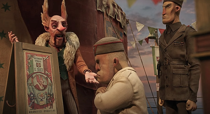 Christoph Waltz as Count Volpe and Tom Kenny as Mussolini in Guillermo del Toro's Pinocchio (2022)