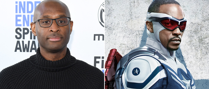 Julius Onah and a poster image from The Falcon and the Winter Soldier