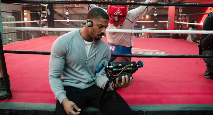 Michael B. Jordan and Jose Benavidez Jr. on the set of Creed III (2023)