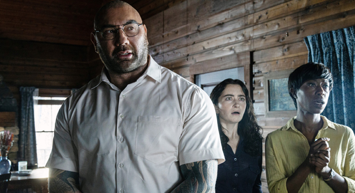 Dave Bautista, Abby Quinn, and Nikki Amuka-Bird in Knock at the Cabin (2023)