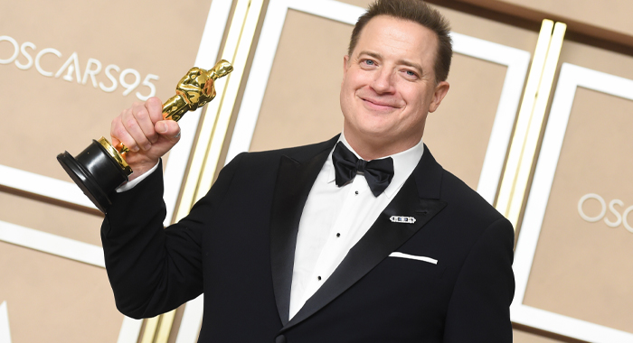 Brendan Fraser with his Oscar for Best Actor at the 95th Academy Awards