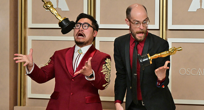 Daniel Kwan and Daniel Scheinert with their Oscars for Best Director at the 95th Academy Awards