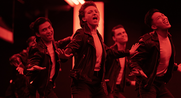 Ari Notartomaso, Russell Lee, Joshua Blum Hagen, and Victor Lau in GREASE: RISE OF THE PINK LADIES (Eduardo Araquel/Paramount+)