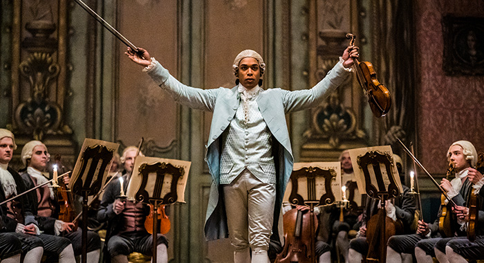 Kelvin Harrison Jr. as Joseph Bologne, Chevalier de Saint-Georges in Chevalier (2023)