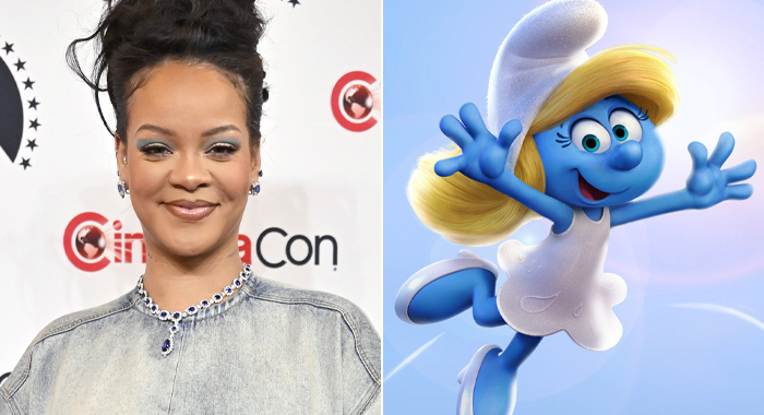 Rihanna at CinemaCon 2023 and image of Smurfette from Smurfs: The Lost Village (2017)