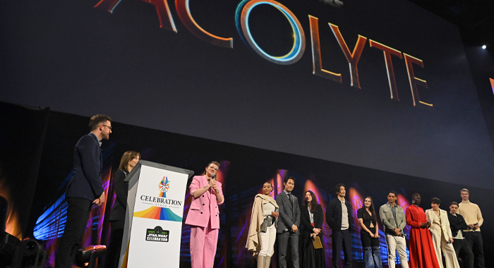 Ali Plumb, Kathleen Kennedy, Leslye Headland, Amandla Stenberg, Lee Jung-jae, guest, Manny Jacinto, Dafne Keen Fernandez, Charlie Barnett, Jodie Turner Smith, Rebecca Henderson, Dean Charles Chapman, and Joonas Suotamo attend the studio panel for The Acolyte at Star Wars Celebration 2023