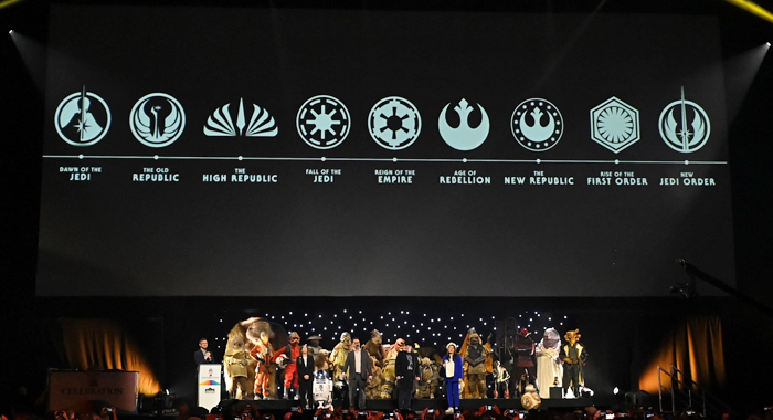 Ali Plumb, Kathleen Kennedy, James Mangold, Dave Filoni, and Sharmeen Obaid-Chinoy onstage durng the studio panel at Star Wars Celebration 2023