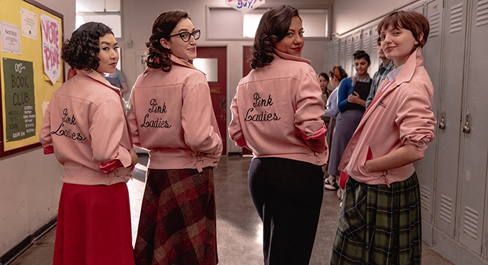 L-R: Tricia Fukuhara as Nancy Nakagawa, Marisa Davila as Jane Facciano, Cheyenne Wells as Olivia Valdovinos and Ari Notartomaso as Cynthia Zdunowski in Grease: Rise of the Pink Ladies episode 2, season 1, streaming on Paramount +, 2022. Photo Credit: Eduardo Araquel/Paramount+