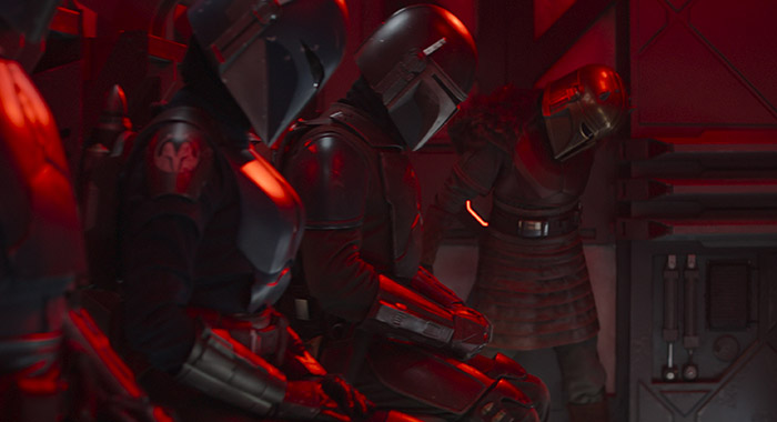 The Armorer (Emily Swallow, far right) in Lucasfilm's THE MANDALORIAN