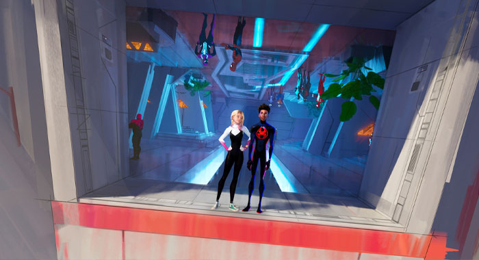 Spider-Gwen (voice: Hailee Steinfeld) and Spider-Man (voice: Shameik Moore) in Spider-Man: Across the Spider-Verse