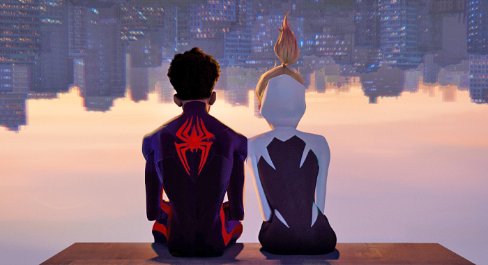 Spider-Gwen (voice: Hailee Steinfeld) and Spider-Man (voice: Shameik Moore) in Spider-Man: Across the Spider-Verse