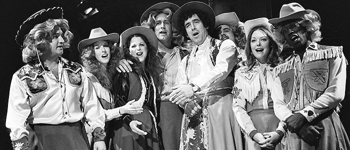 John Belushi, Laraine Newman, Gilda Radner,Chevy Chase, Elliott Gould, Dan Aykroyd, Jane Curtin , Garrett Morris during "Happy Trails' skit on May 29, 1976