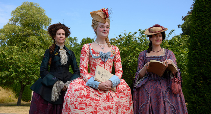 The Great -- "You The People" - Episode 303 -- Catherine involves the peasants, nobles and merchants in a conference designed to bring change to Russia. Peter's hunt for revenge on an historic enemy threatens to destabilise Catherine's attempt to outlaw murder. Aunt Elizabeth (Belinda Bromilow), Catherine (Elle Fanning) and Katya (Jane Mahady), shown. (Photo by: Parisa Taghizadeh/Hulu)