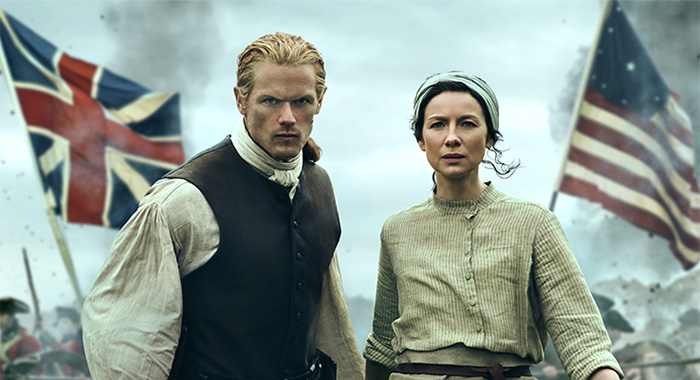 Sam Heughan and Caitriona Balfe in the season 7 poster for Outlander