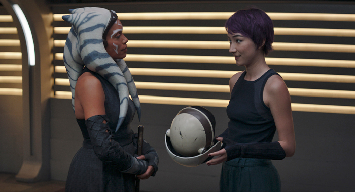 Rosario Dawson and Natasha Liu Bordizzo as Ahsoka Tano and Sabine Wren in Star Wars: Ahsoka (2023)