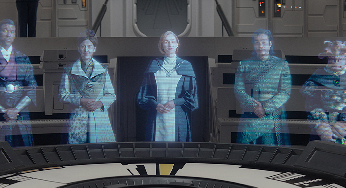 Senator Mawood (Maurice Irvin), Senator Rodrigo (Jacqueline Antaramian), Chancellor Mon Mothma (Genevieve O'Reilly), Senator Xiono (Nelson Lee) and Gran Senator (Erica Duke) in Star Wars: Ahsoka (2023)