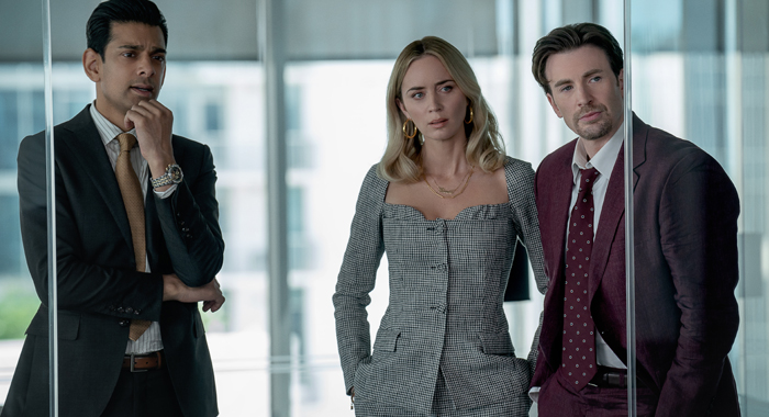 Amit Shah as Paley, Emily Blunt as Liza and Chris Evans as Brenner in Pain Hustlers (2023)