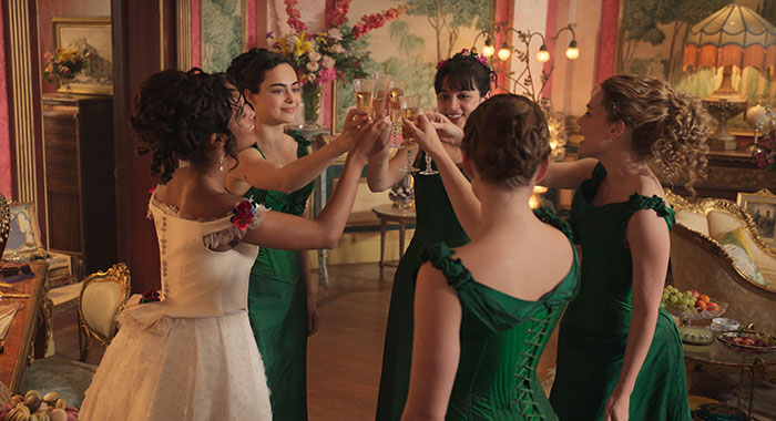 Kristine Frøseth, Alisha Boe, Josie Totah, Aubri Ibrag and Imogen Waterhouse in <I>The Buccaneers</i> on Apple TV+.