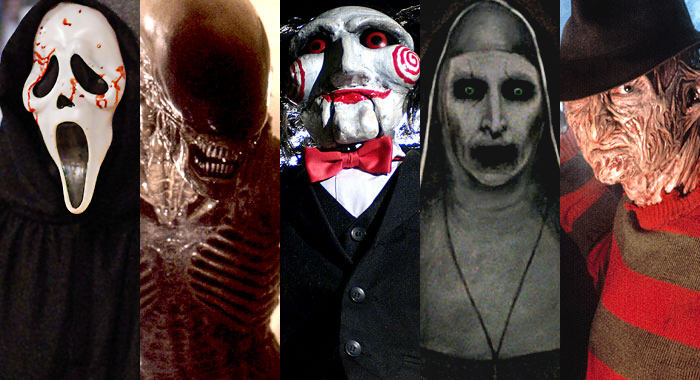 Characters from Scream, Alien, Saw, The Conjuring Universe, and A Nightmare on Elm Street