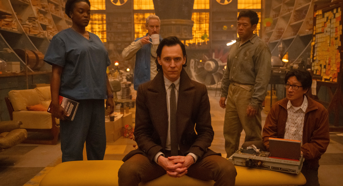 Wunmi Mosaku as Hunter B-15, Owen Wilson as Mobius, Tom Hiddleston as Loki, Eugene Cordero as Casey, and Ke Huy Quan as O.B. in Marvel Studios' LOKI, Season 2