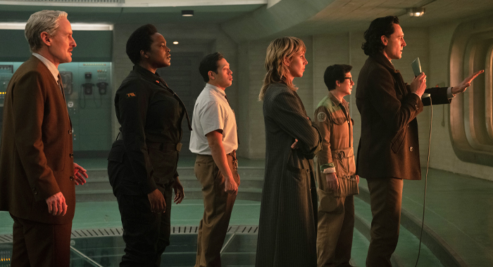 Owen Wilson as Mobius, Wunmi Mosaku as Hunter B-15, Eugene Cordero as Casey, Sophia Di Martino as Sylvie, Ke Huy Quan as O.B., and Tom Hiddleston as Loki in Marvel Studios' LOKI, Season 2