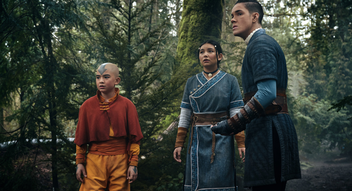 Gordon Cormier as Aang, Kiawentiio as Katara, Ian Ousley as Sokka in season 1 of Avatar: The Last Airbender (2024)