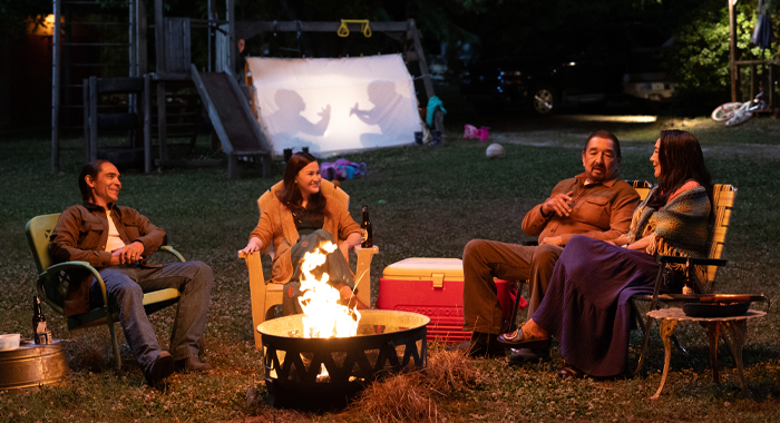 Zahn McClarnon as William Lopez, Devery Jacobs as Bonnie, Graham Greene as Skully, and Tantoo Cardinal as Chula Battiest in Marvel Studios' Echo