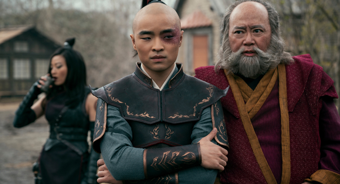 Arden Cho as June, Dallas Liu as Prince Zuko, Paul Sun-Hyung Lee as Iroh in season 1 of Avatar: The Last Airbender (2024)