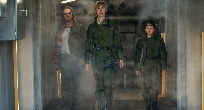 DAN STEVENS as Trapper, REBECCA HALL as Dr. Ilene Andrews and KAYLEE HOTTLE as Jia in Warner Bros. Pictures and Legendary Pictures’ action adventure GODZILLA x KONG: THE NEW EMPIRE (2024)