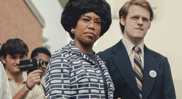 Regina King as Shirley Chisholm and Lucas Hedges as Robert Gottlieb in Shirley (2024)