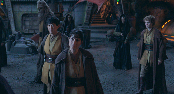 Jedi Master Indara (Carrie-Anne Moss), Master Sol (Lee Jung-jae), Jedi Master Kelnacca (Joonas Suotamo) and (second from right) Master Torbin (Dean Charles Chapman) in Lucasfilm's The Acolyte (2024)