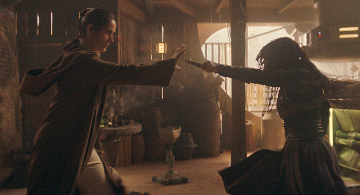 Jedi Master Indara (Carrie-Anne Moss) and Mae (Amandla Stenberg) in Lucasfilm's The Acolyte (2024)