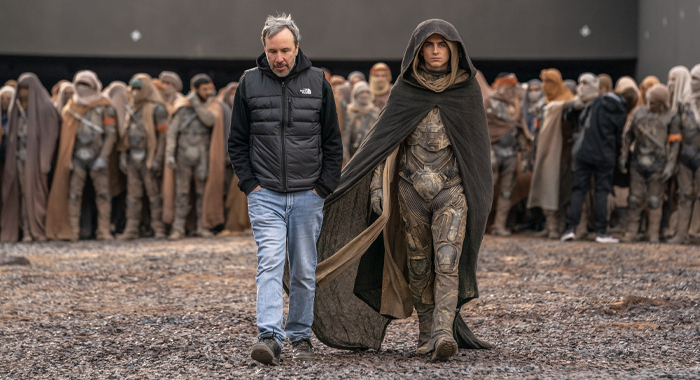 Director Denis Villeneuve and star Timothée Chalamet on the set of Dune: Part Two (2024)