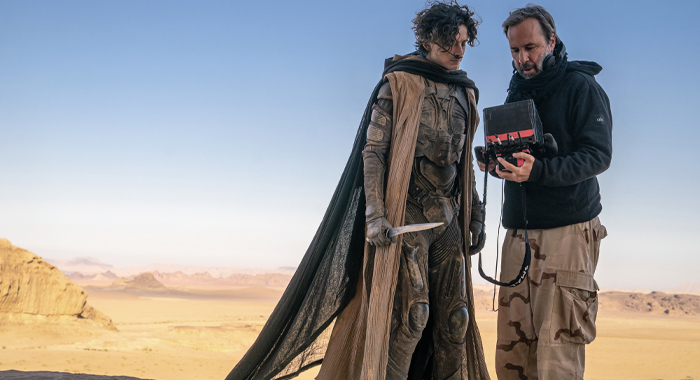 Star Timothée Chalamet and director Denis Villeneuve on the set of Dune: Part Two (2024)