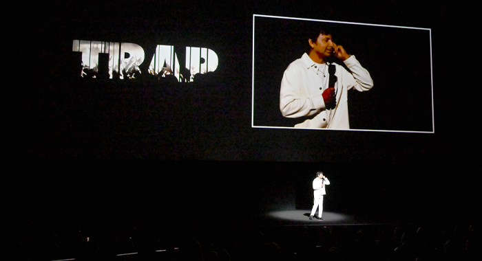 M. Night Shyamalan speaks onstage during the Warner Bros. Pictures Presentation during CinemaCon 2024