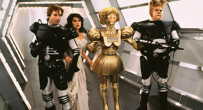 Bill Pullman, Daphne Zuniga, Joan Rivers (as the voice of Dot Matrix), and John Candy in Spaceballs (1987)