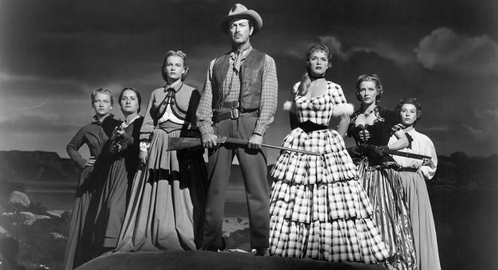 Lenore Lonergan, Hope Emerson, Marilyn Erskine, Robert Taylor, Denise Darcel, Julie Bishop, and Beverly Dennis in Westward the Women (1951)