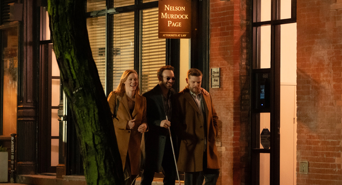 Deborah Ann Woll, Charlie Cox, and Elden Henson in Daredevil: Born Again (2025)