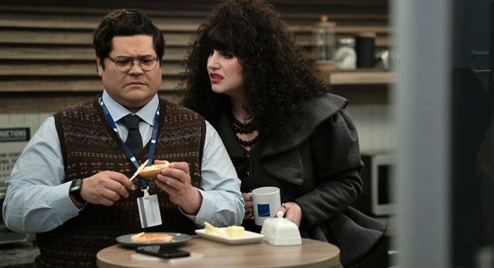 Harvey Guillen as Guillermo and Natasia Demetriou as Nadja in What We Do in the Shadows: Season 6 (2024)