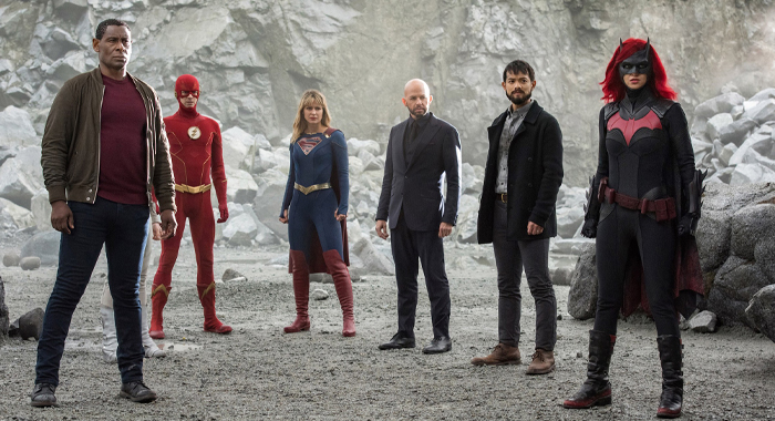 David Harewood, Grant Gustin, Melissa Benoist, Jon Cryer, Osric Chau, and Ruby Rose in Crisis on Infinite Earths: Part Four (2020)