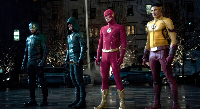  David Ramsey as Spartan, Stephen Amell as Green Arrow, Grant Gustin as The Flash, and Keiynan Lonsdale as Kid Flash in The Flash (2023)