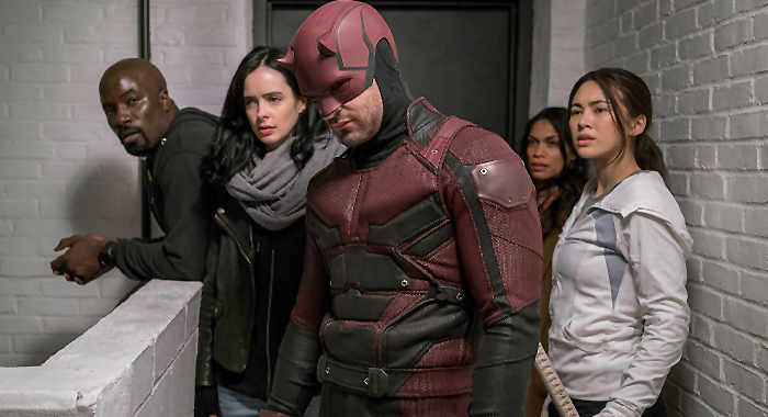 Mike Colter, Krysten Ritter, Charlie Cox, Rosario Dawson, and Jessica Henwick in Marvel's The Defenders: Season 1 (2017)